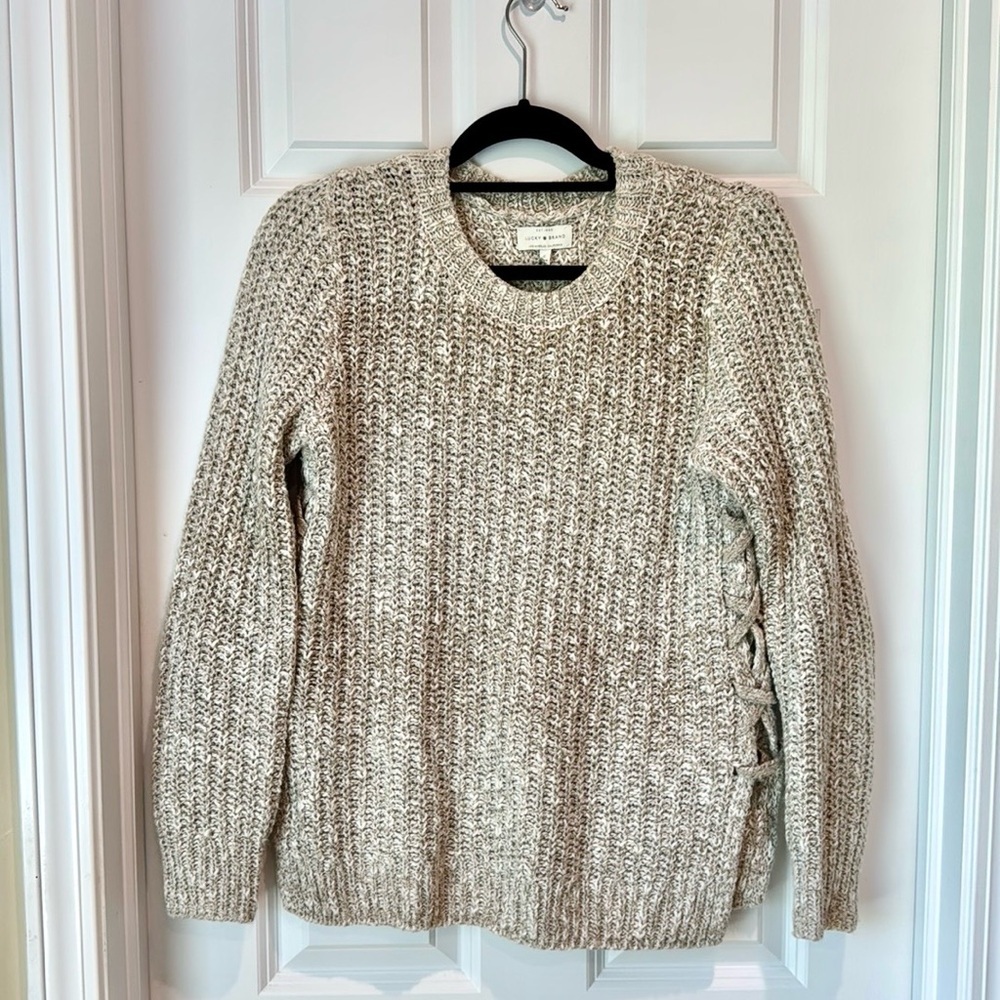 Lucky Brand - Women's Knit Crew Neck Criss Cross Side Sweater -‎ Small - Neutral
